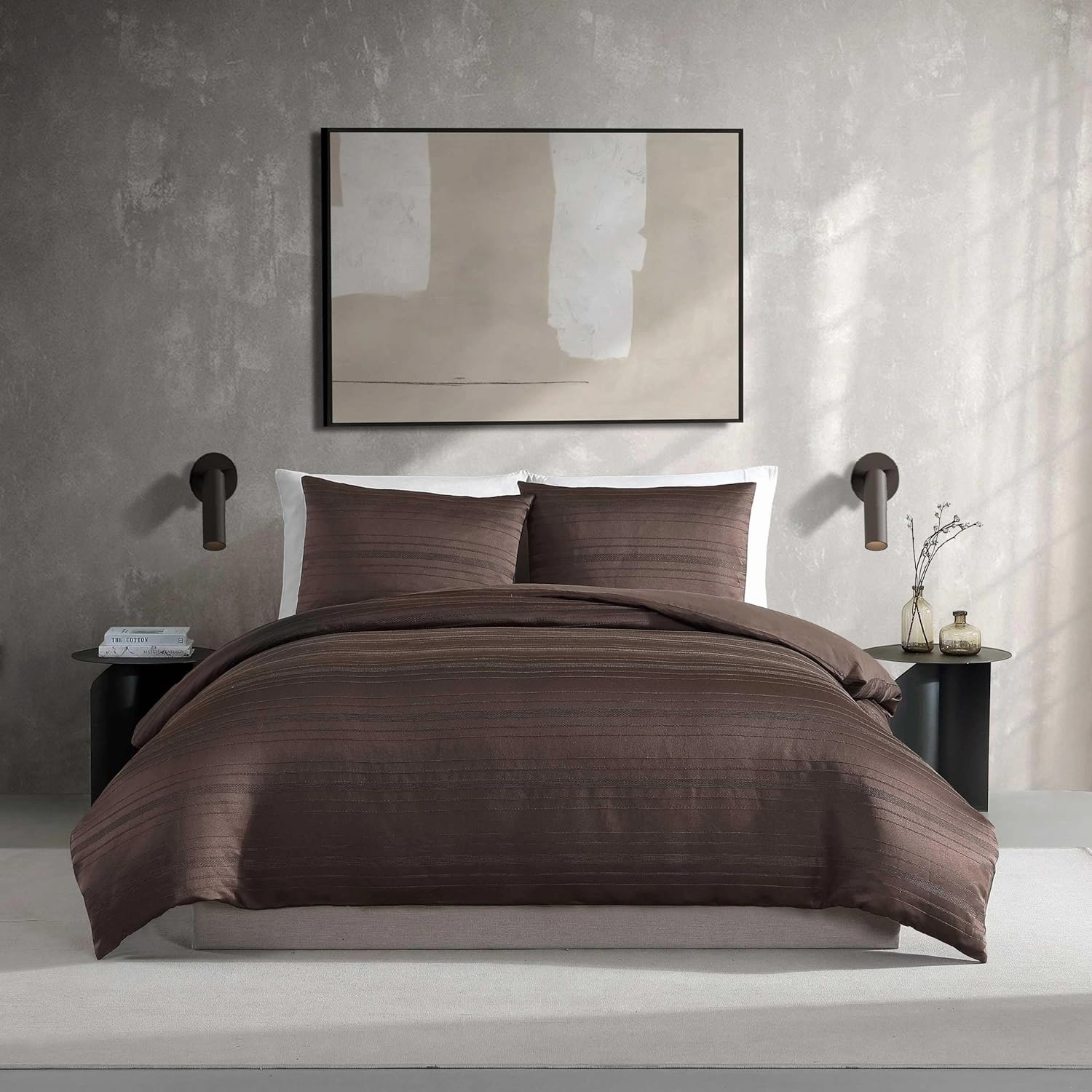 Vera Wang - King Comforter Set, Luxury Textured Weave Bedding Set with Matching Shams, Chic Room Essentials, Oeko-Tex Certified (Illusion Lines Brown, King)