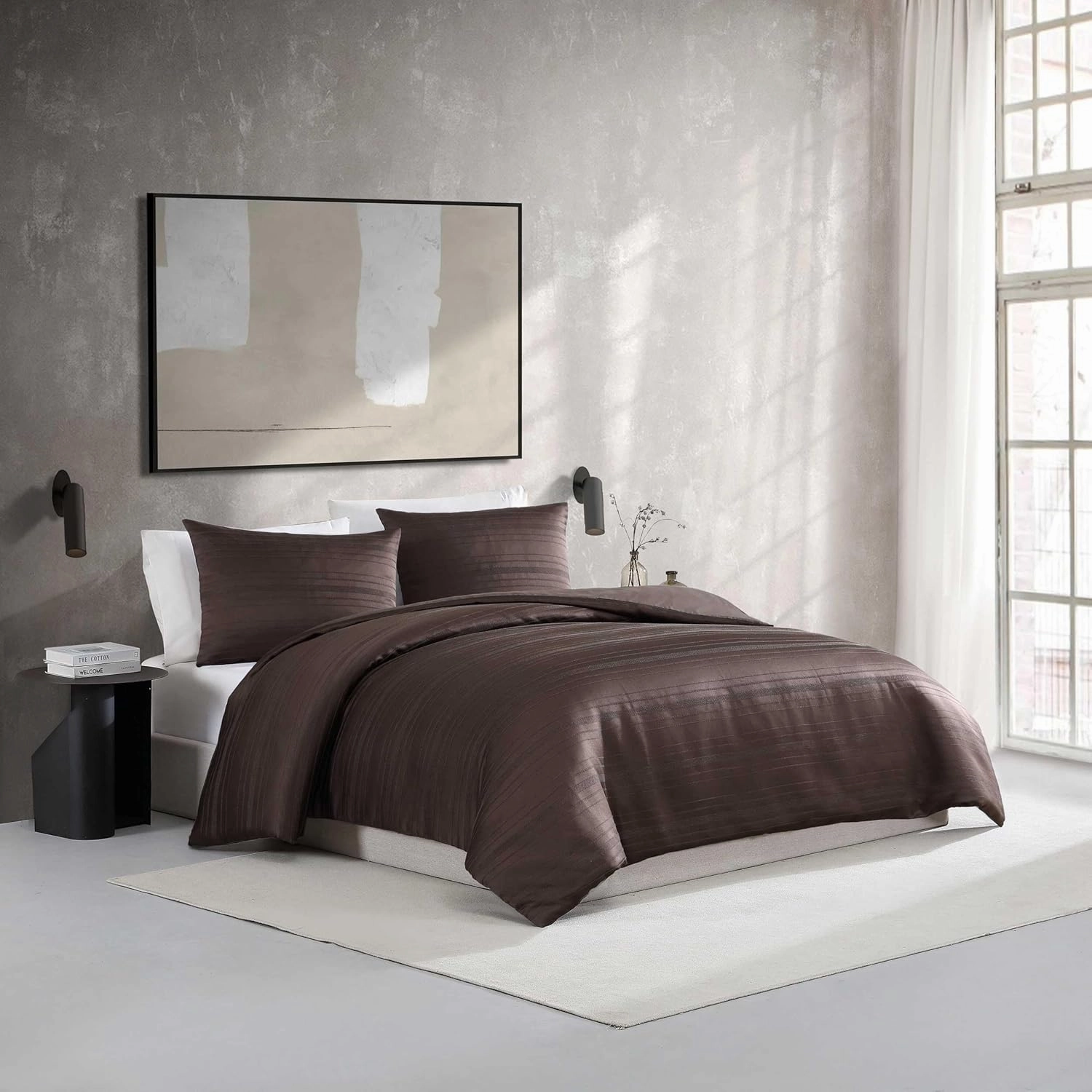 Vera Wang - King Comforter Set, Luxury Textured Weave Bedding Set with Matching Shams, Chic Room Essentials, Oeko-Tex Certified (Illusion Lines Brown, King)