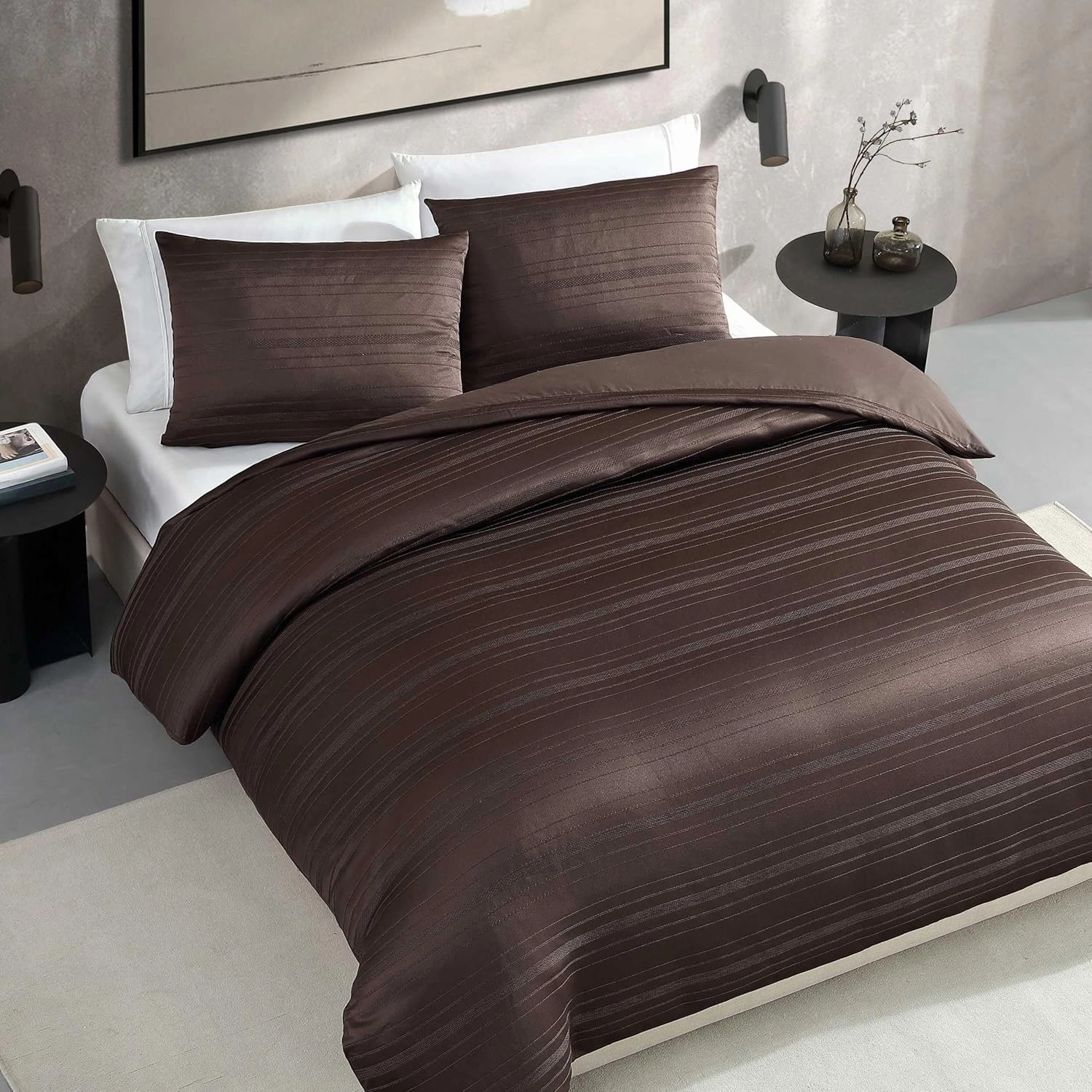 Vera Wang - King Comforter Set, Luxury Textured Weave Bedding Set with Matching Shams, Chic Room Essentials, Oeko-Tex Certified (Illusion Lines Brown, King)