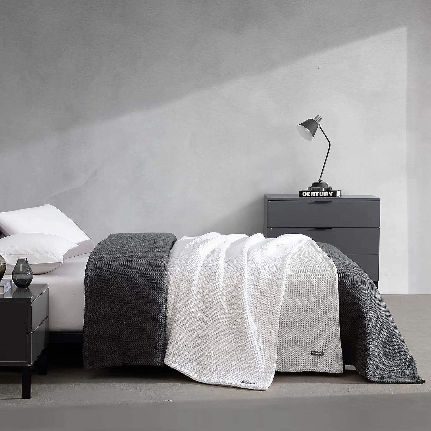 Vera Wang | Waffle Weave Collection | 100% Cotton Soft and Cozy Textured Plush Blanket for Sofa Couch or Bedroom, Modern Stylish Home Décor, Twin, Charcoal,USHSEE1127227