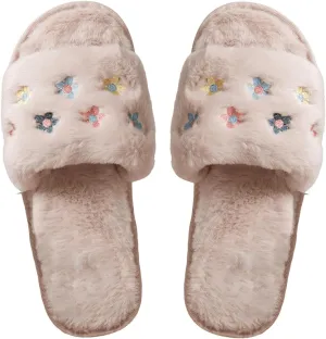 Verdusa Women's Embroidery House Slippers Open Toe Fuzzy Bedroom Cute Slippers Shoes