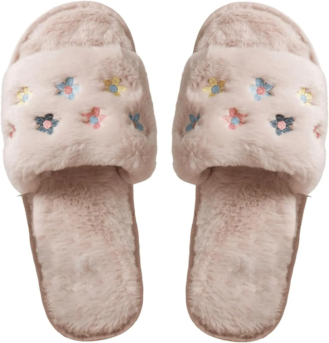 Verdusa Women's Embroidery House Slippers Open Toe Fuzzy Bedroom Cute Slippers Shoes