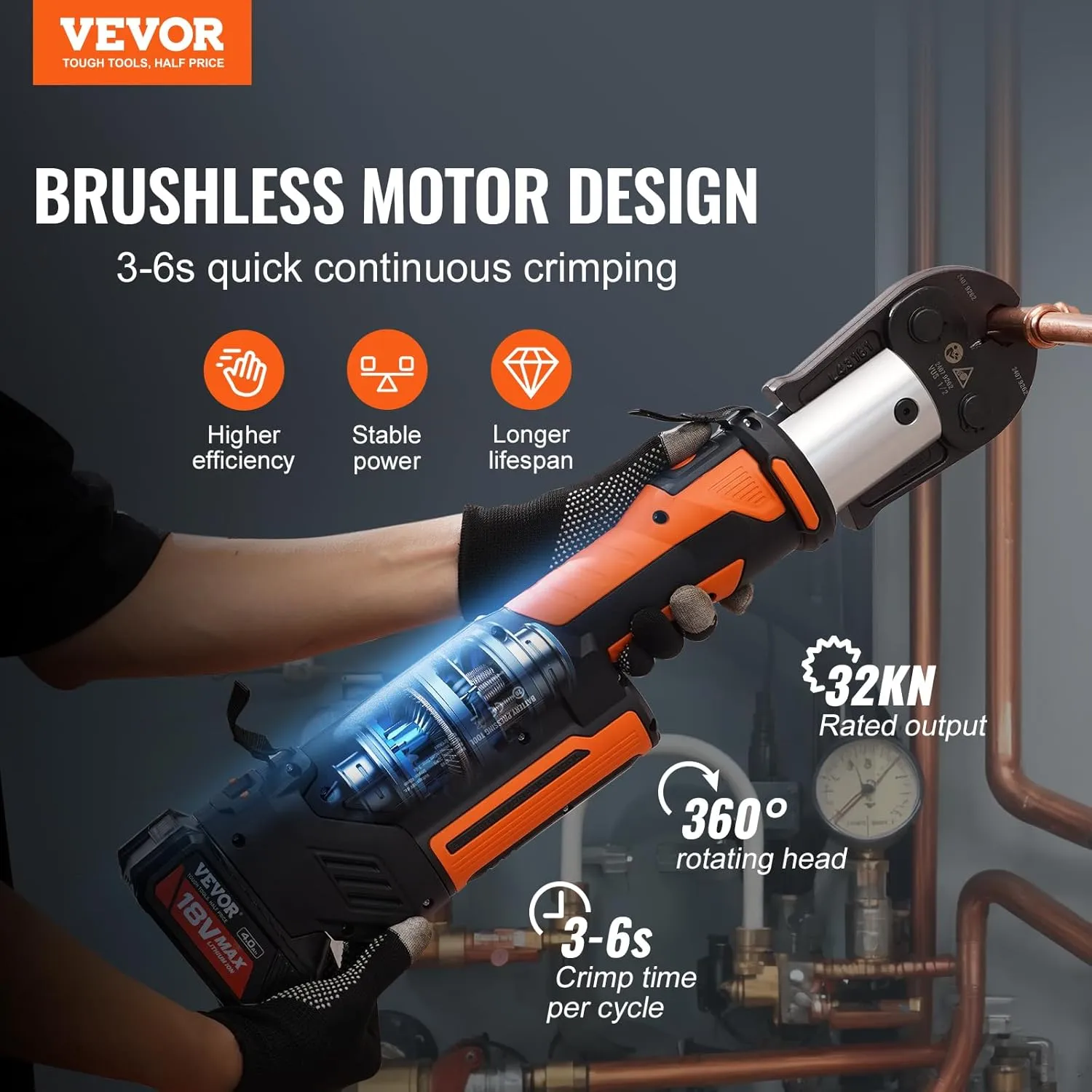 VEVOR ProPress Tool, 18V Electric Pipe Crimping Tool for 1/2”, 3/4”, 1”, 1 1/4", 1 1/2", 2" Copper Pipes, Press Tool Kit with Brushless Motor, 6 Pro Press Jaws, 2pcs 4AH Battery