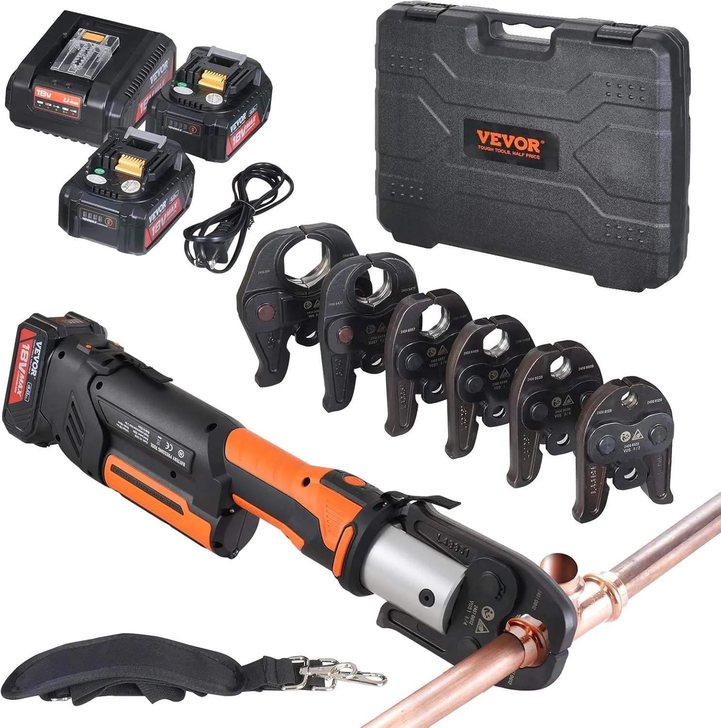 VEVOR ProPress Tool, 18V Electric Pipe Crimping Tool for 1/2”, 3/4”, 1”, 1 1/4", 1 1/2", 2" Copper Pipes, Press Tool Kit with Brushless Motor, 6 Pro Press Jaws, 2pcs 4AH Battery