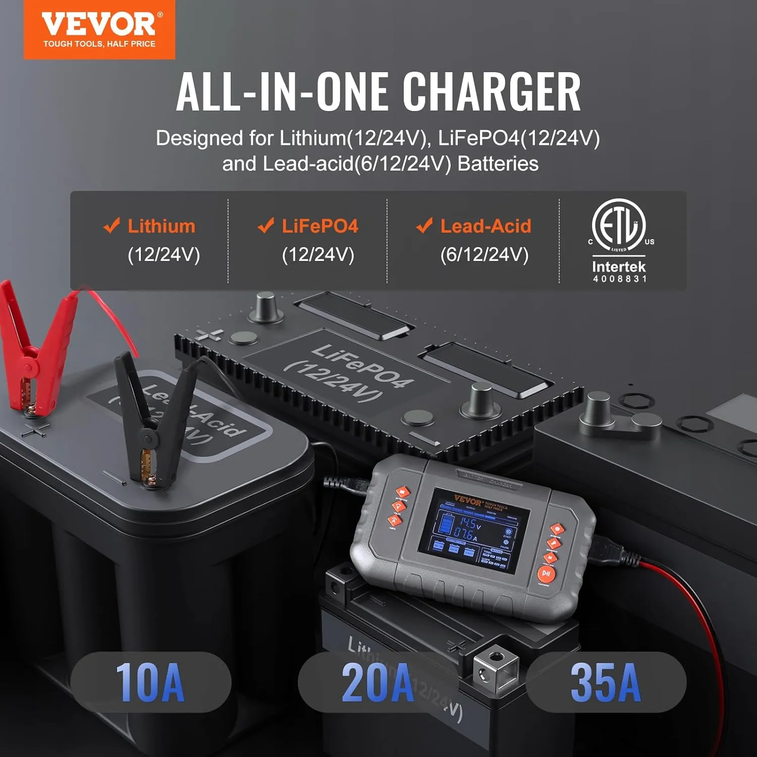 VEVOR Smart Battery Charger, 35-Amp, Lithium LiFePO4 Lead-Acid (AGM/Gel/SLA) Car Battery Charger with LCD Display, Trickle Charger Maintainer Desulfator for Boat Motorcycle Lawn Mower Deep Cycle