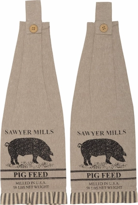 VHC Brands Sawyer Mill Pig Nature Print Chambray Cotton Farmhouse Tabletop Kitchen Fabric Loop Stenciled Runner, Towel Set 6.5x18, Khaki Tan
