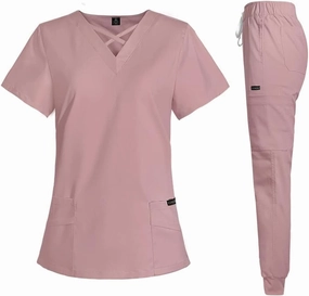 VIAOLI Scrubs for Women Set Modern V-Neck Top & 8 Pocket Jogger Pants Athletic Nursing Uniform Solid Stretch Workwear