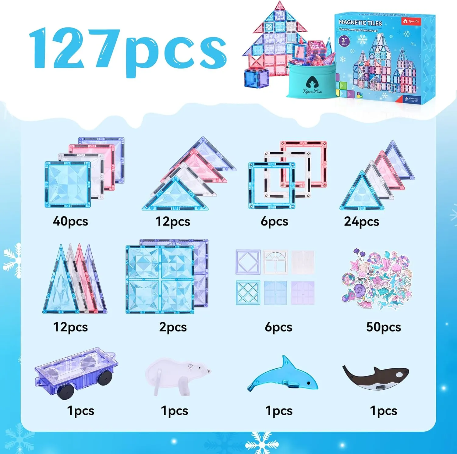 VigorFun 127-Piece Magnetic Tiles Building Set – STEM Construction Toys with Car & Animal Models, Stickers – Educational Sensory Kit for Kids Ages 3-8, Ideal Gift for Boys & Girls
