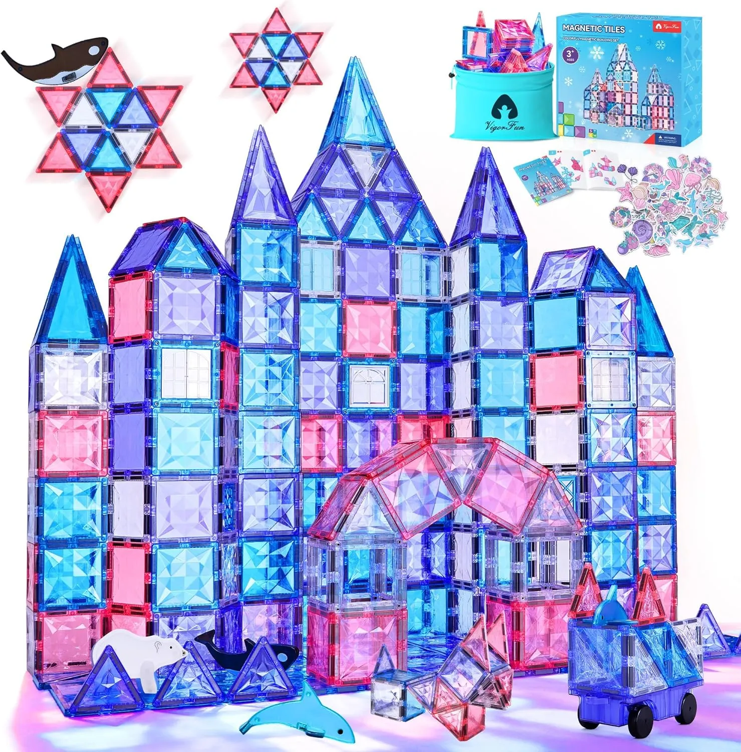 VigorFun 127-Piece Magnetic Tiles Building Set – STEM Construction Toys with Car & Animal Models, Stickers – Educational Sensory Kit for Kids Ages 3-8, Ideal Gift for Boys & Girls