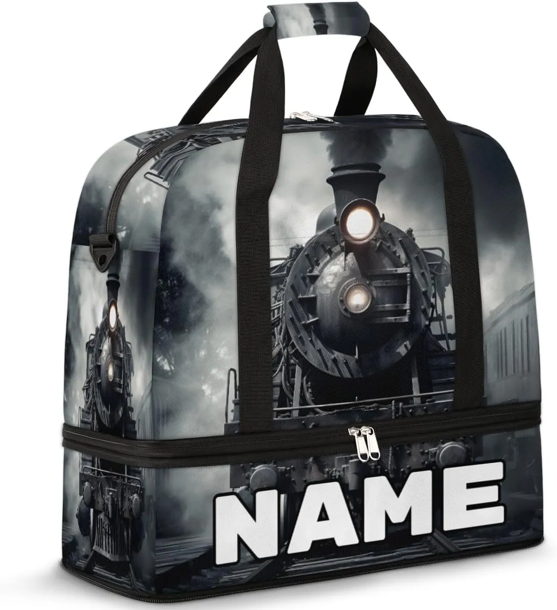 Vintage Steam Locomotive Train Custom Foldable Duffle Bag with Shoes Compartment Personalized Large Capacity Waterproof Travel Weekender Bag Overnight Bag for Sports Gym