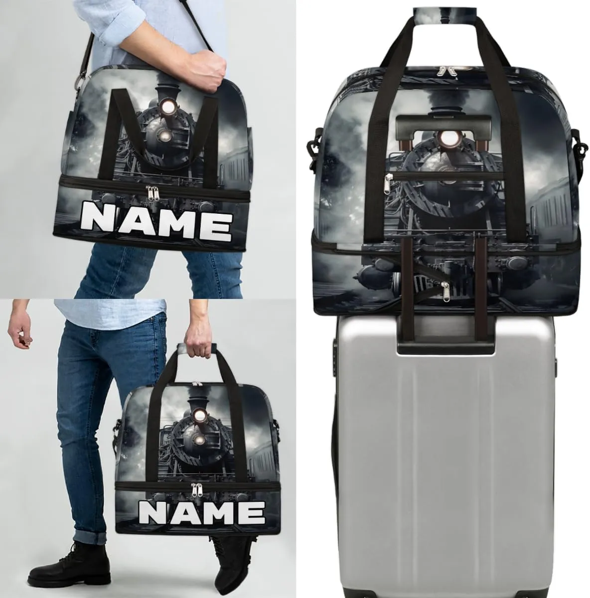 Vintage Steam Locomotive Train Custom Foldable Duffle Bag with Shoes Compartment Personalized Large Capacity Waterproof Travel Weekender Bag Overnight Bag for Sports Gym