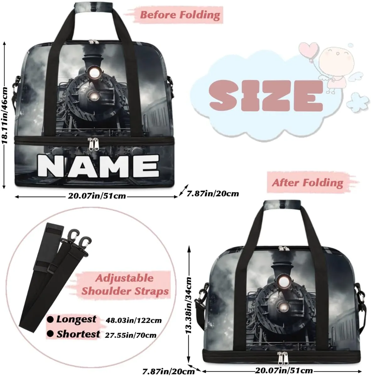 Vintage Steam Locomotive Train Custom Foldable Duffle Bag with Shoes Compartment Personalized Large Capacity Waterproof Travel Weekender Bag Overnight Bag for Sports Gym