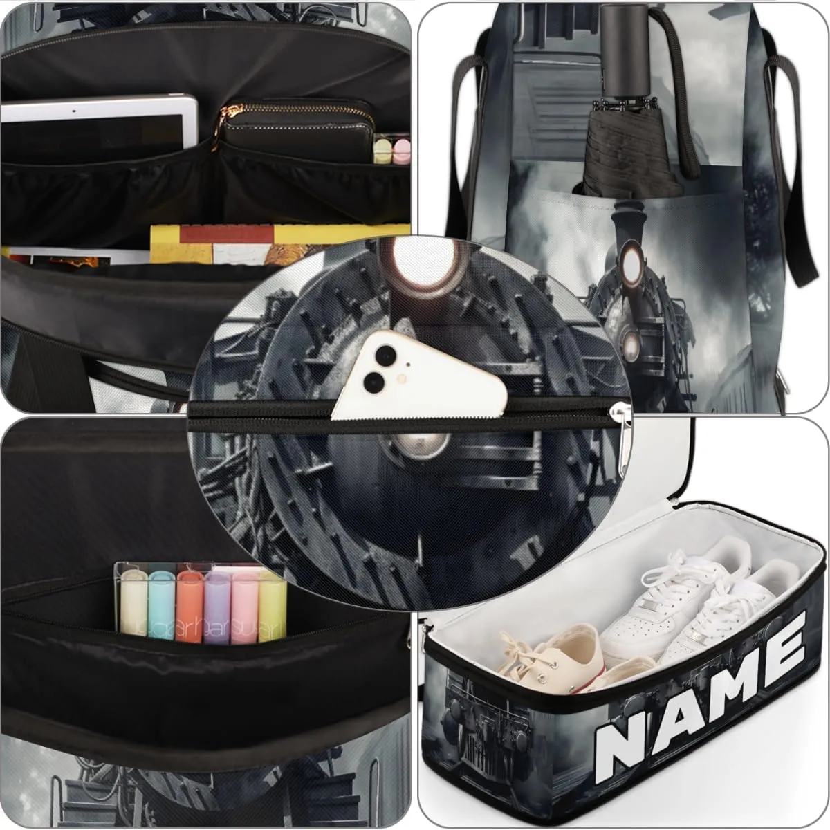 Vintage Steam Locomotive Train Custom Foldable Duffle Bag with Shoes Compartment Personalized Large Capacity Waterproof Travel Weekender Bag Overnight Bag for Sports Gym