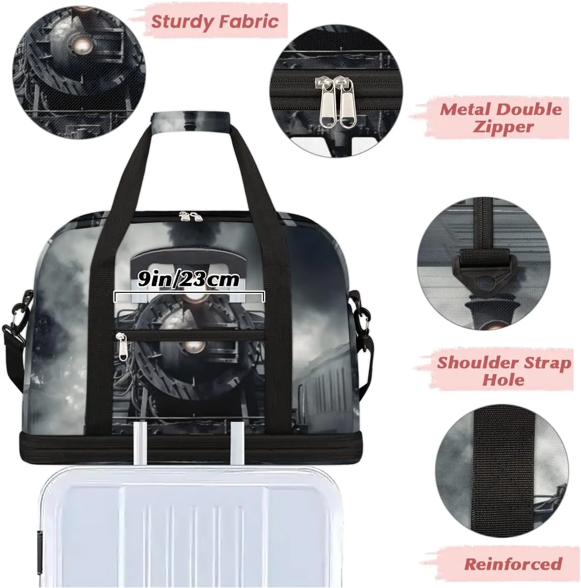 Vintage Steam Locomotive Train Custom Foldable Duffle Bag with Shoes Compartment Personalized Large Capacity Waterproof Travel Weekender Bag Overnight Bag for Sports Gym