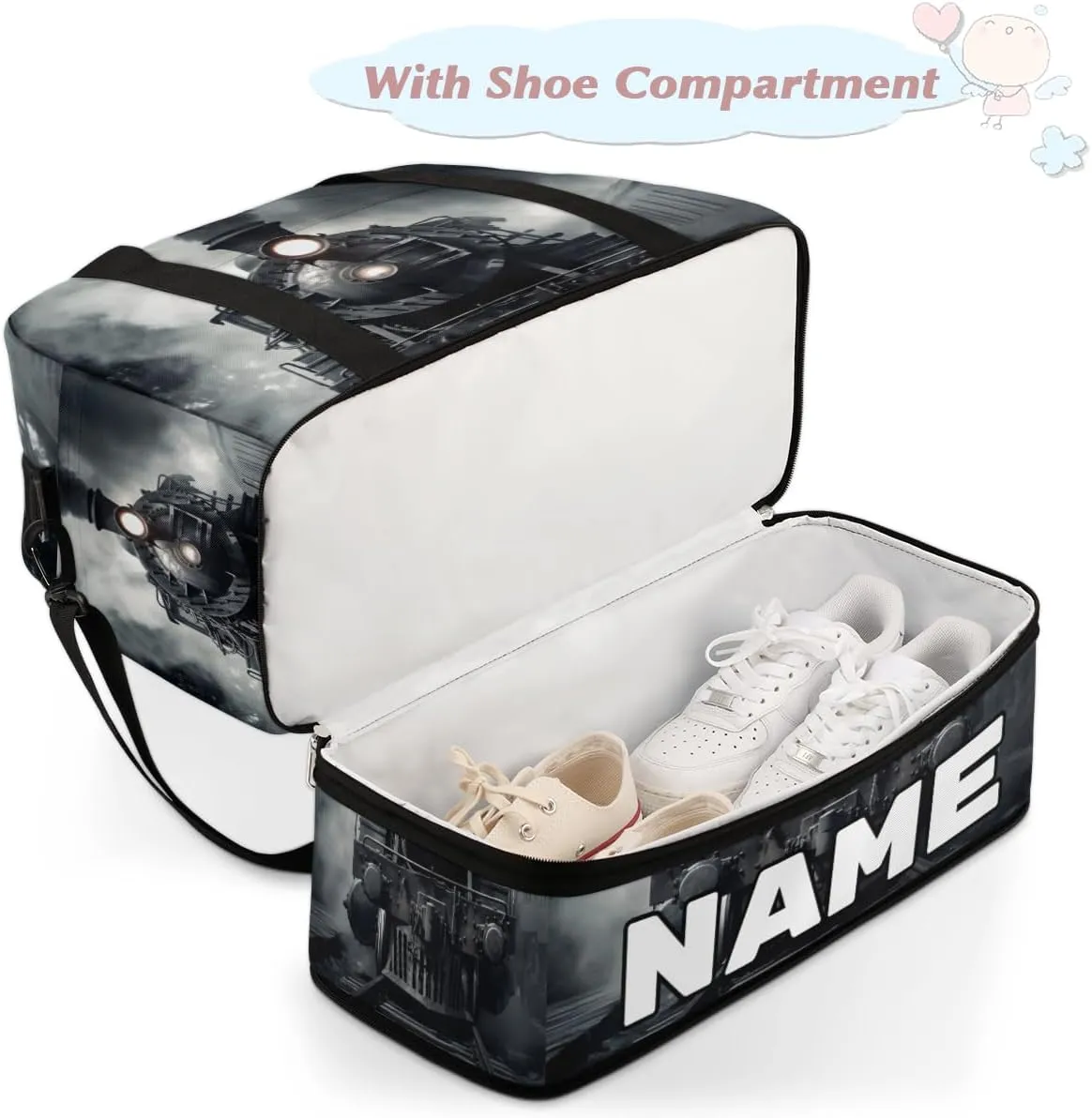 Vintage Steam Locomotive Train Custom Foldable Duffle Bag with Shoes Compartment Personalized Large Capacity Waterproof Travel Weekender Bag Overnight Bag for Sports Gym
