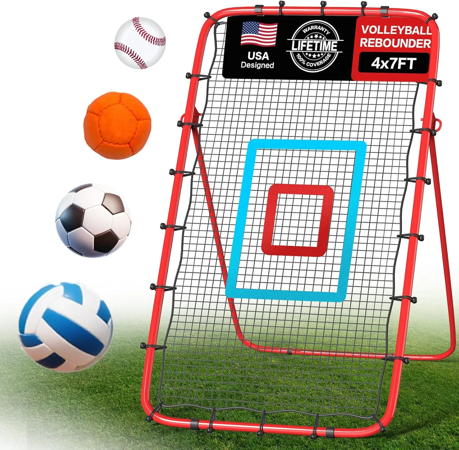 Volleyball Rebounder Net 7x4 Ft with Portable Travel Bag, 5-Angle Adjustable Rebounder Net for Practicing Digging, Setting, Spiking, Bounce Back Training Equipment with 2 Target Stripes & 4 Sand Bags