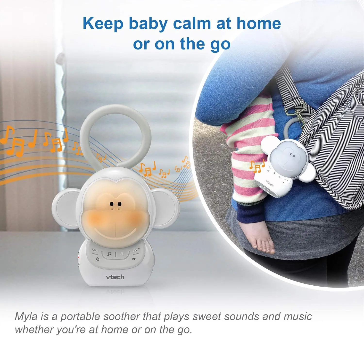 VTech Communications BC8211 Myla The Monkey Baby Sleep Soother with a White Noise Sound Machine Featuring 5 Soft Ambient Sounds, 5 Calming Melodies & Soft-Glow Night Light, 1 Count (Pack of 1)