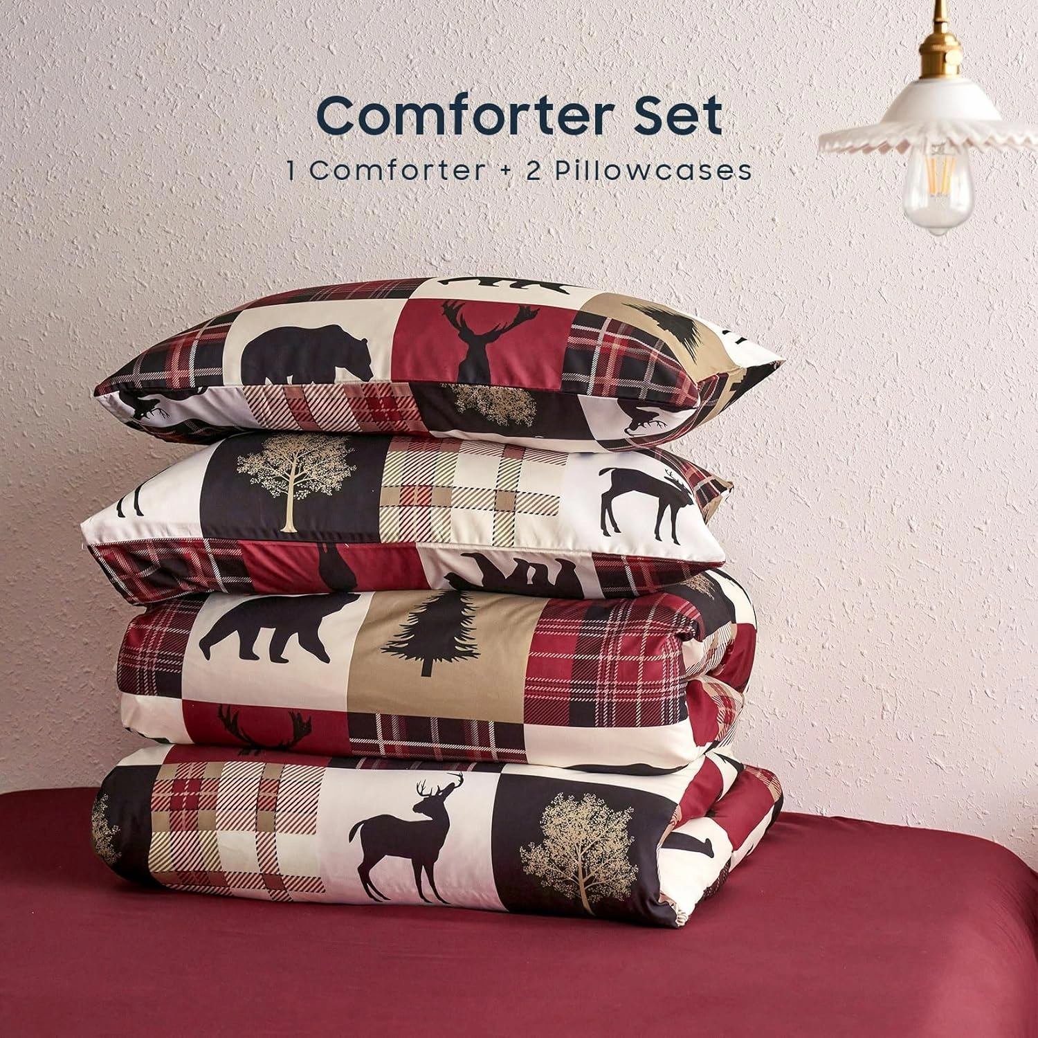 Wake In Cloud - Rustic Comforter Set, Cabin Christmas Lodge Western Country Bear Deer Moose Woodland RV Outdoor Theme, Soft Lightweight Bedding, 3 Pieces, Burgundy Black, King Size