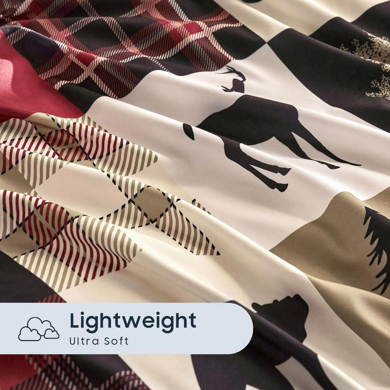 Wake In Cloud - Rustic Comforter Set, Cabin Christmas Lodge Western Country Bear Deer Moose Woodland RV Outdoor Theme, Soft Lightweight Bedding, 3 Pieces, Burgundy Black, King Size