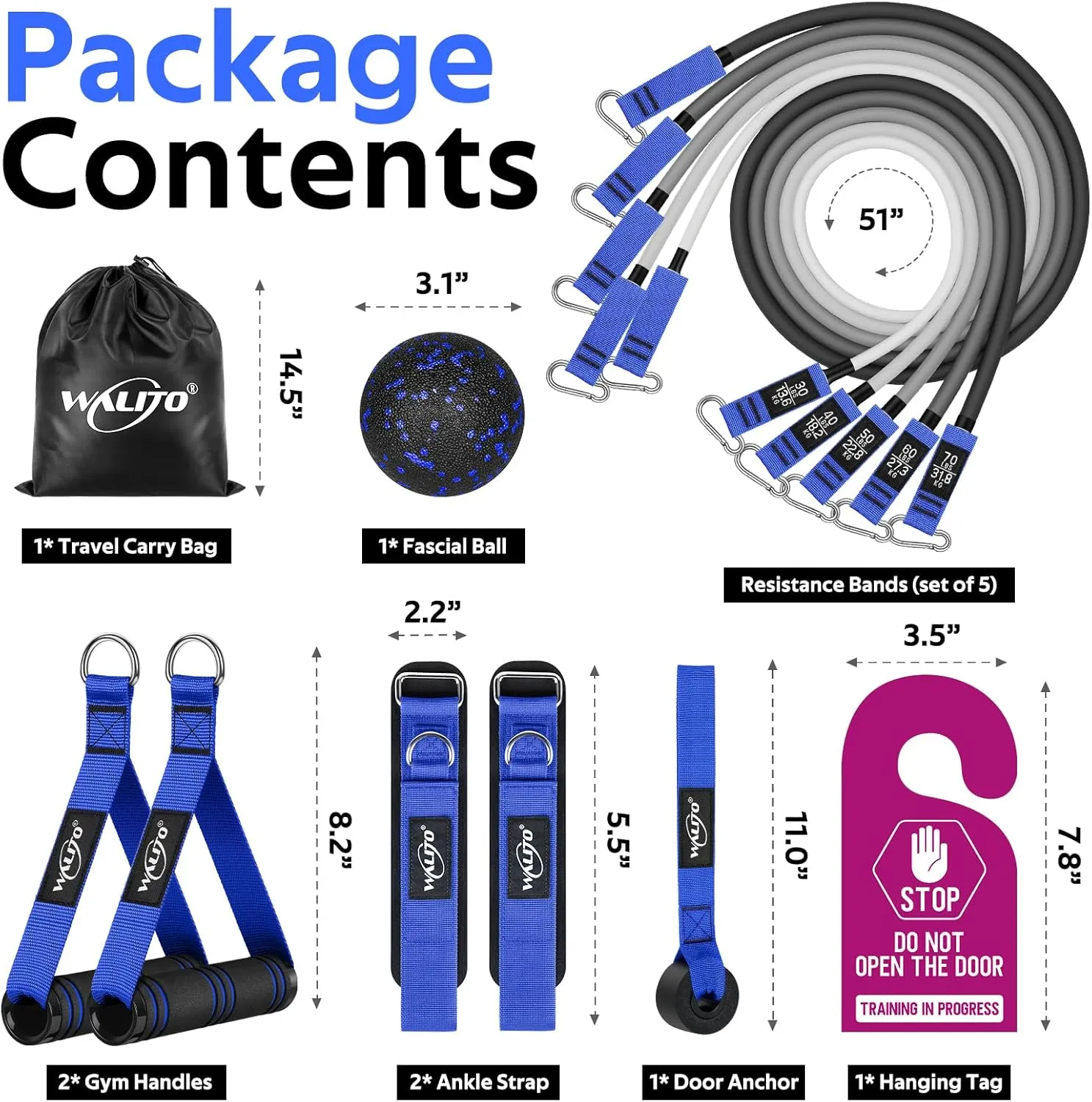 WALITO Resistance Bands Set - Exercise Bands with Handles, Door Anchor, Legs Ankle Straps, for Heavy Resistance Training, Physical Therapy, Muscle Training, Yoga, Home Workouts