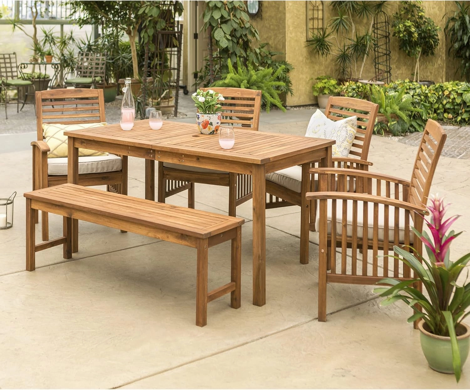 Walker Edison Rendezvous Modern 6 Piece Solid Acacia Wood Outdoor Dining Set, Set of 6, Brown