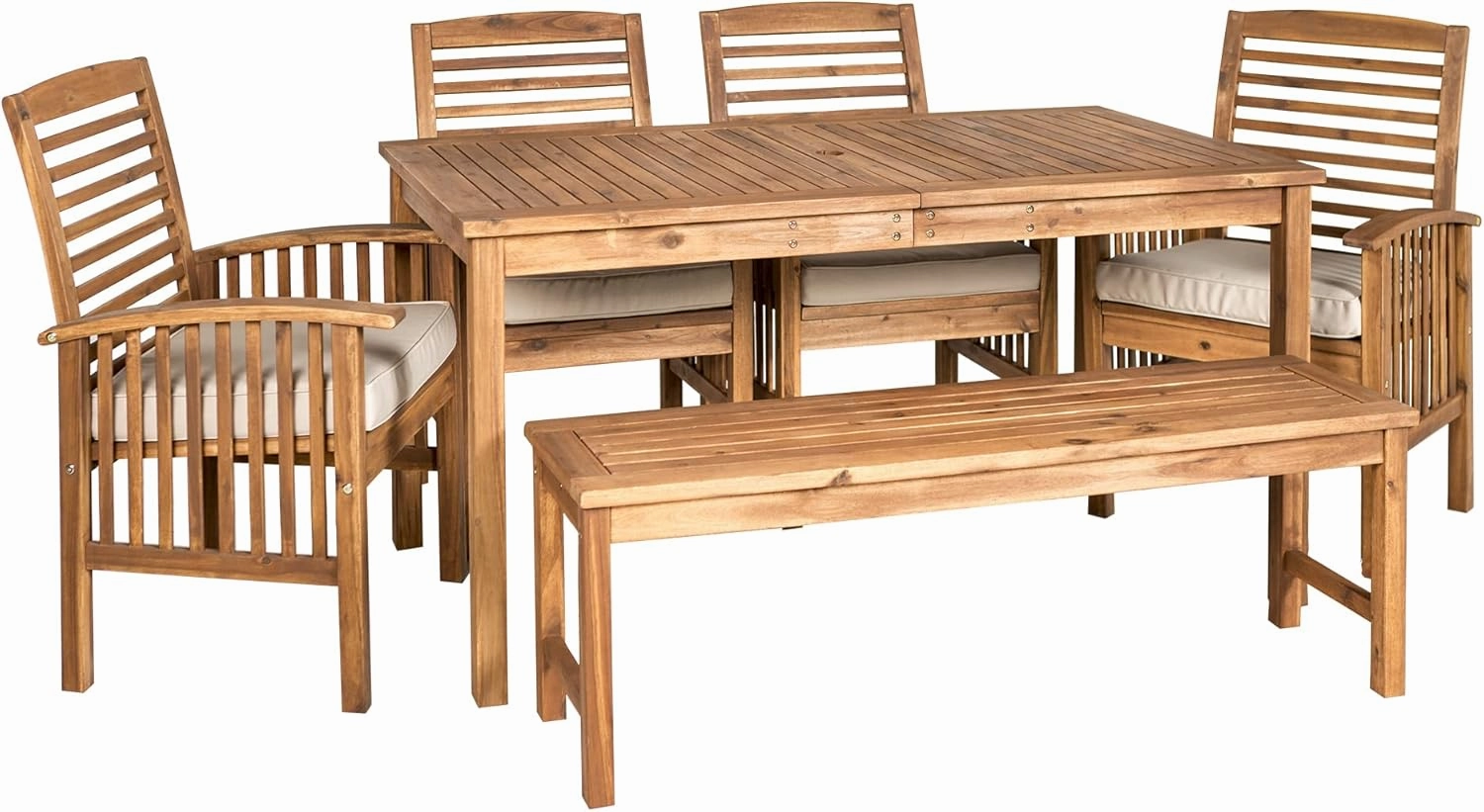 Walker Edison Rendezvous Modern 6 Piece Solid Acacia Wood Outdoor Dining Set, Set of 6, Brown