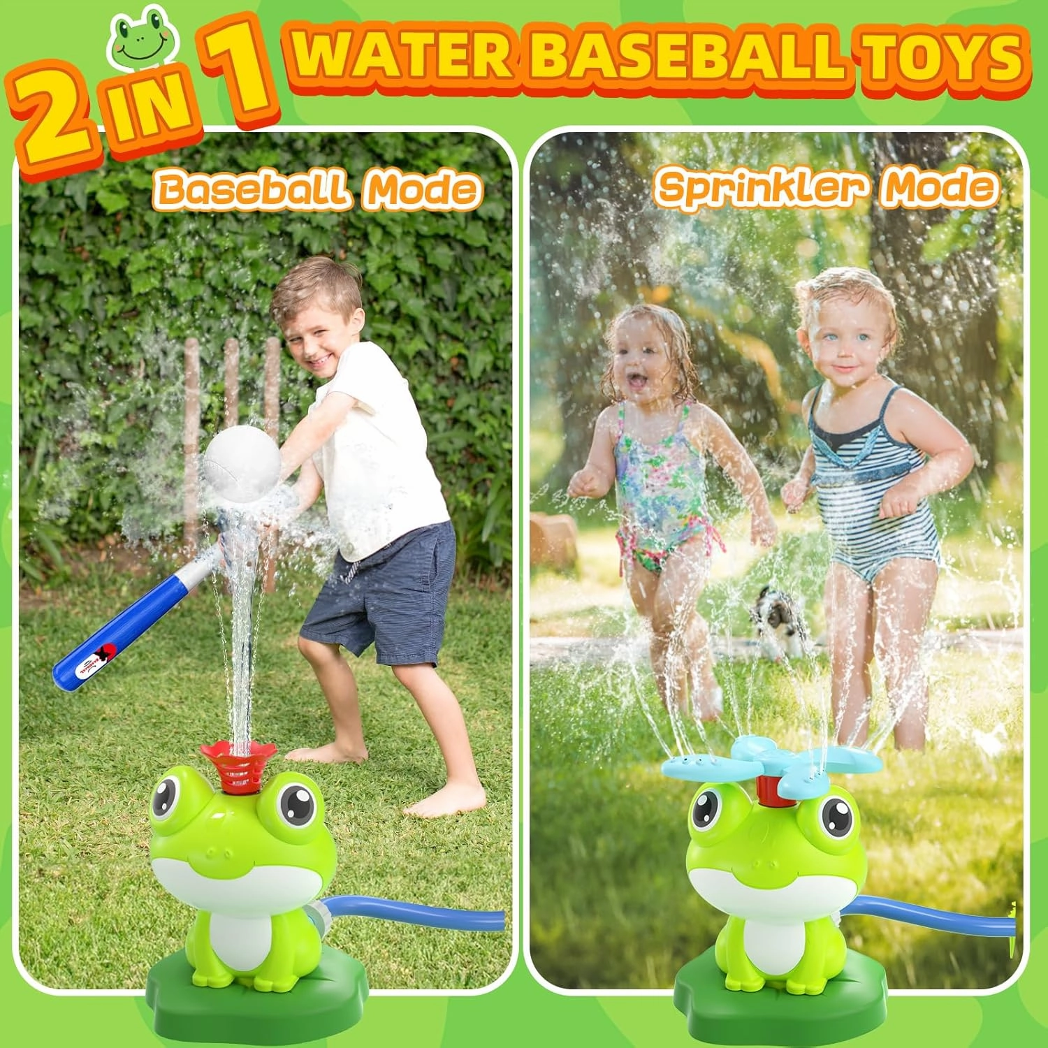 Water Sprinkler Baseball Toy for Kids: 2 in 1 Frog Sprinkler Tee Ball Set 360° Roating Spray Water Attaches to Garden Hose Outdoor Play for Boys Girl Summer Splashing Fun Backyard Lawn Pool Party Game