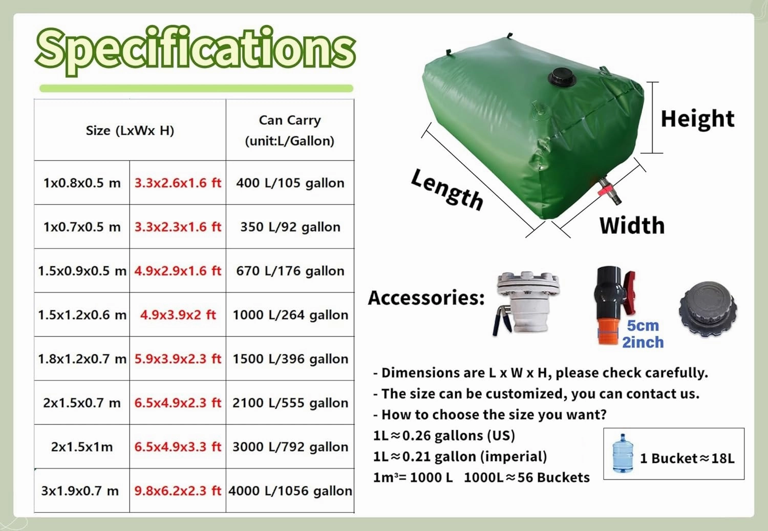 Water Storage Bladder，Collapsible Large Capacity Portable Water Storage 50-1585 Gallons Rainwater Bag(5000L/1320Gal/3x2x0.85 m)