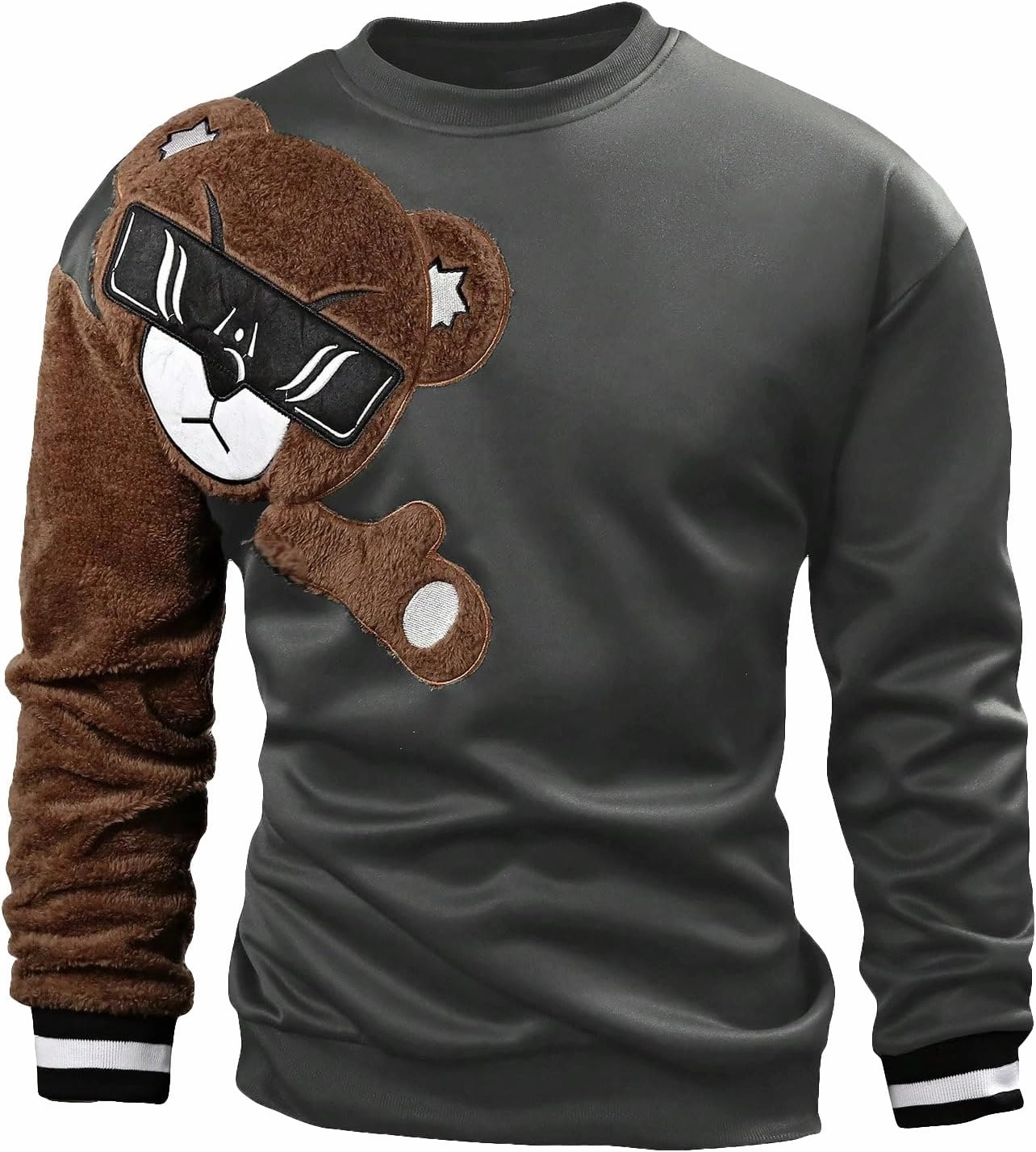WDIRARA Men's Bear Patched Drop Shoulder Sweatshirt Round Neck Long Sleeve Pullover Sweatshirts