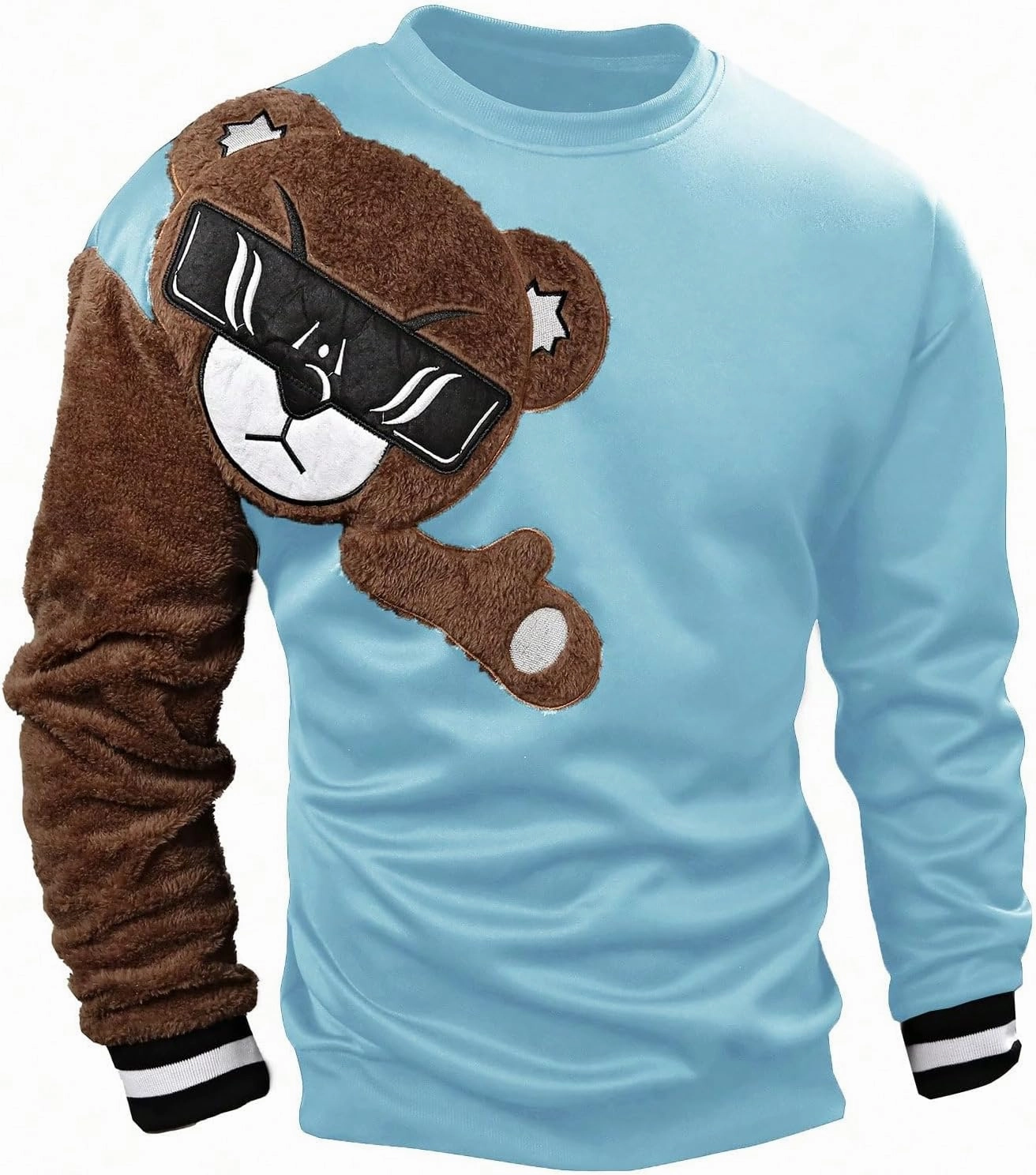 WDIRARA Men's Bear Patched Drop Shoulder Sweatshirt Round Neck Long Sleeve Pullover Sweatshirts