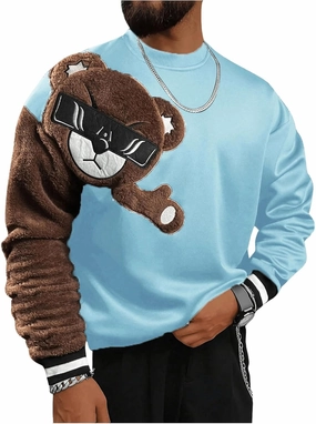 WDIRARA Men's Bear Patched Drop Shoulder Sweatshirt Round Neck Long Sleeve Pullover Sweatshirts