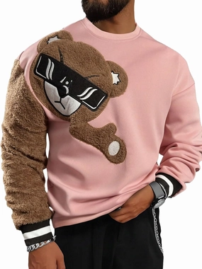 WDIRARA Men's Bear Patched Drop Shoulder Sweatshirt Round Neck Long Sleeve Pullover Sweatshirts