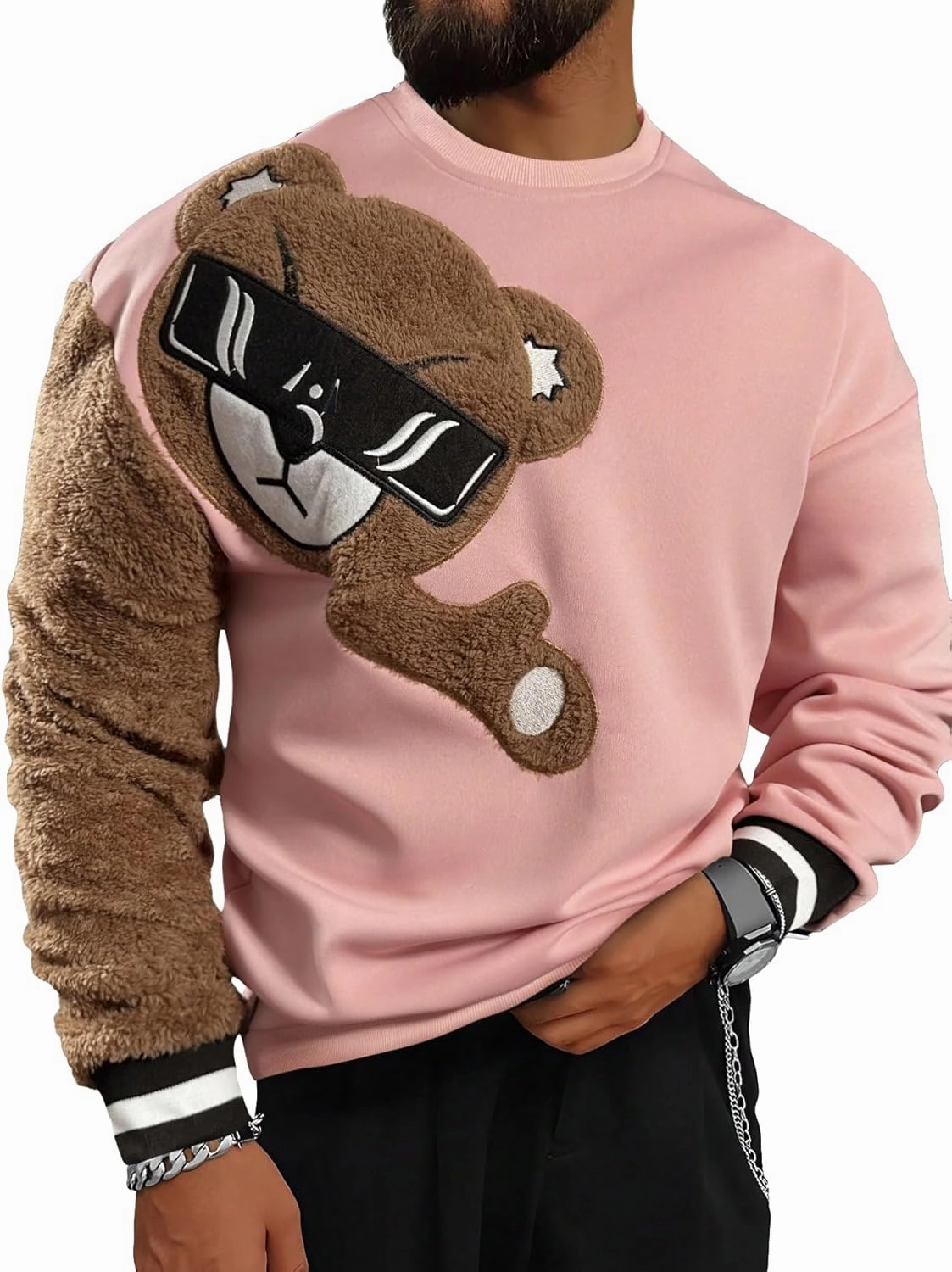 WDIRARA Men's Bear Patched Drop Shoulder Sweatshirt Round Neck Long Sleeve Pullover Sweatshirts