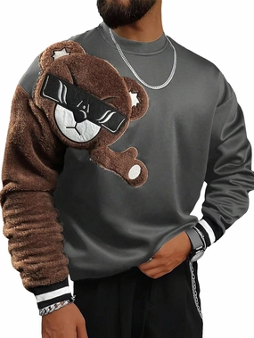 WDIRARA Men's Bear Patched Drop Shoulder Sweatshirt Round Neck Long Sleeve Pullover Sweatshirts
