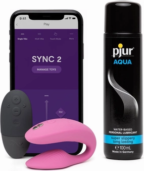 We-Vibe Sync 2 Pink App Control Couples Vibrator & Pjur Aqua Water Based Personal Lubricant 3.4 fl oz - Couples Sex Toys Bundle
