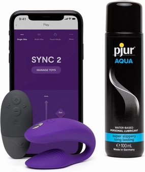We-Vibe Sync 2 Purple App Control Couples Vibrator & Pjur Aqua Water Based Personal Lubricant 3.4 fl oz - Couples Sex Toys Bundle