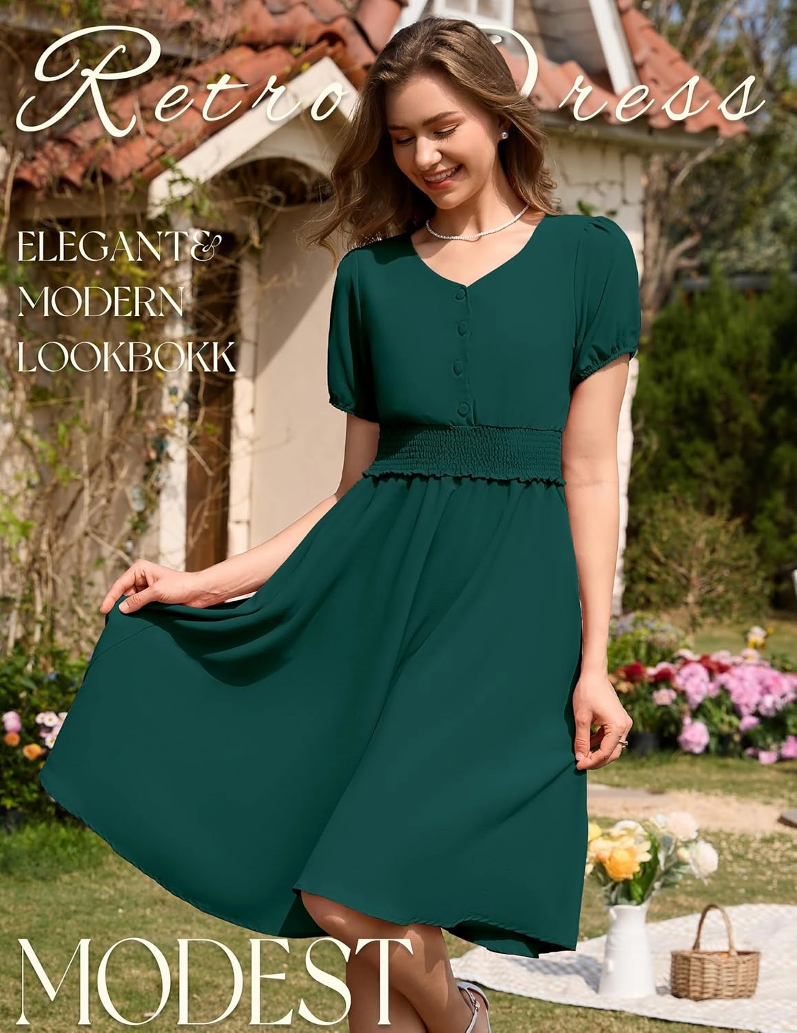 Wedtrend Vintage Dress for Women 1950s Dress Smocked Cocktail Dresses Church Retro Dresses with Pockets