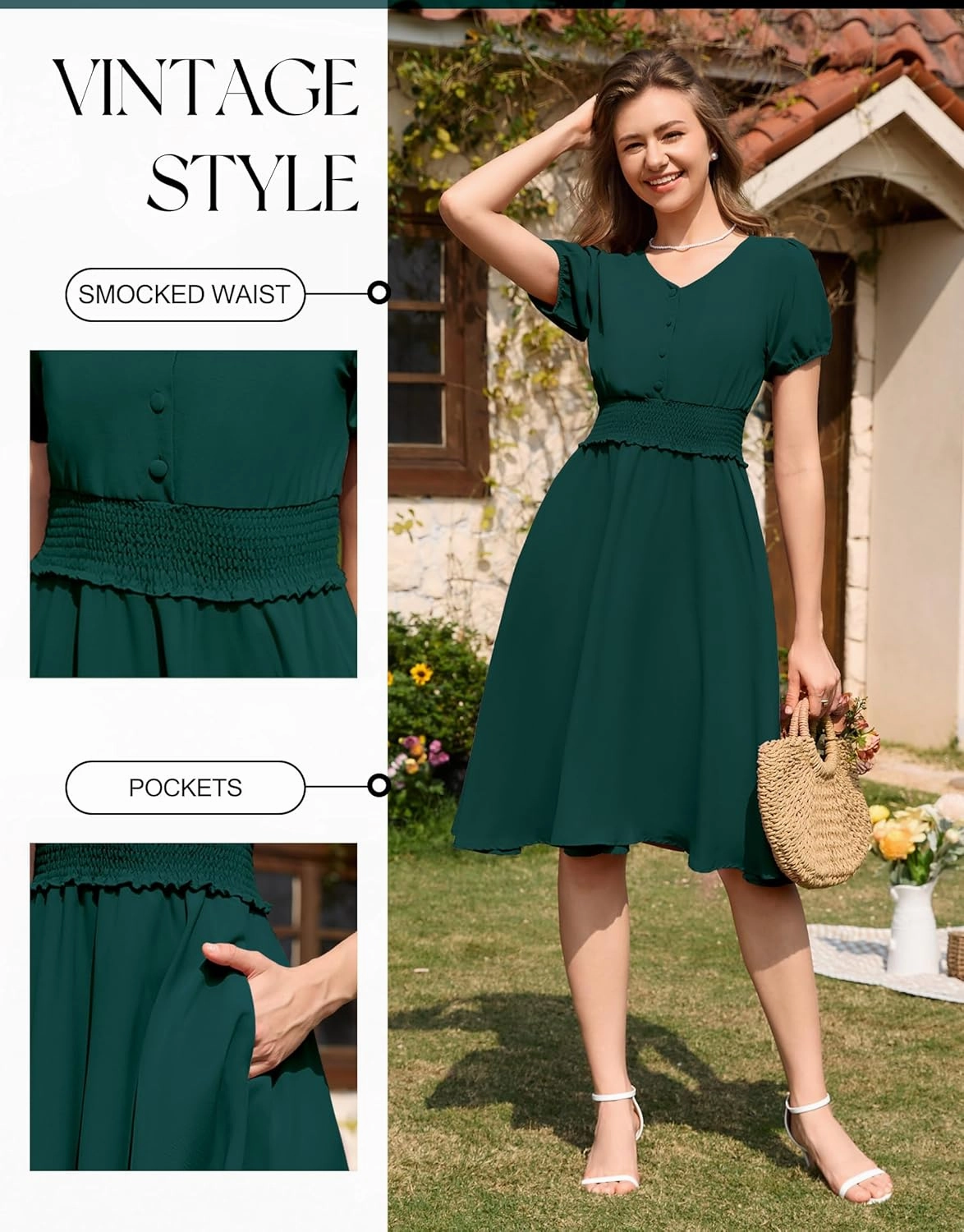 Wedtrend Vintage Dress for Women 1950s Dress Smocked Cocktail Dresses Church Retro Dresses with Pockets
