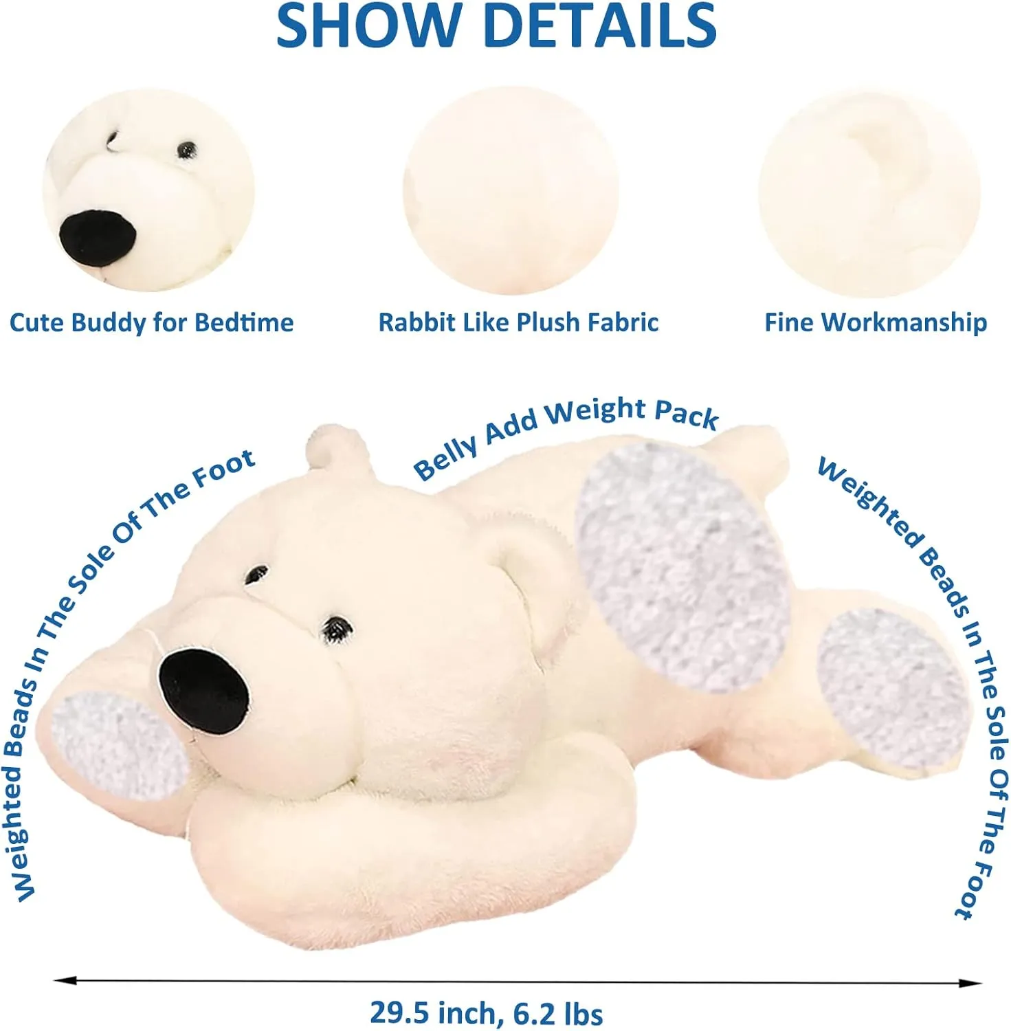 Weighted Stuffed Animals, 29.5" 6.2lbs Weighted Bear Stuffed Animal Toy Cute White Bear Plush Pillow Weighted Plush Animals Toy