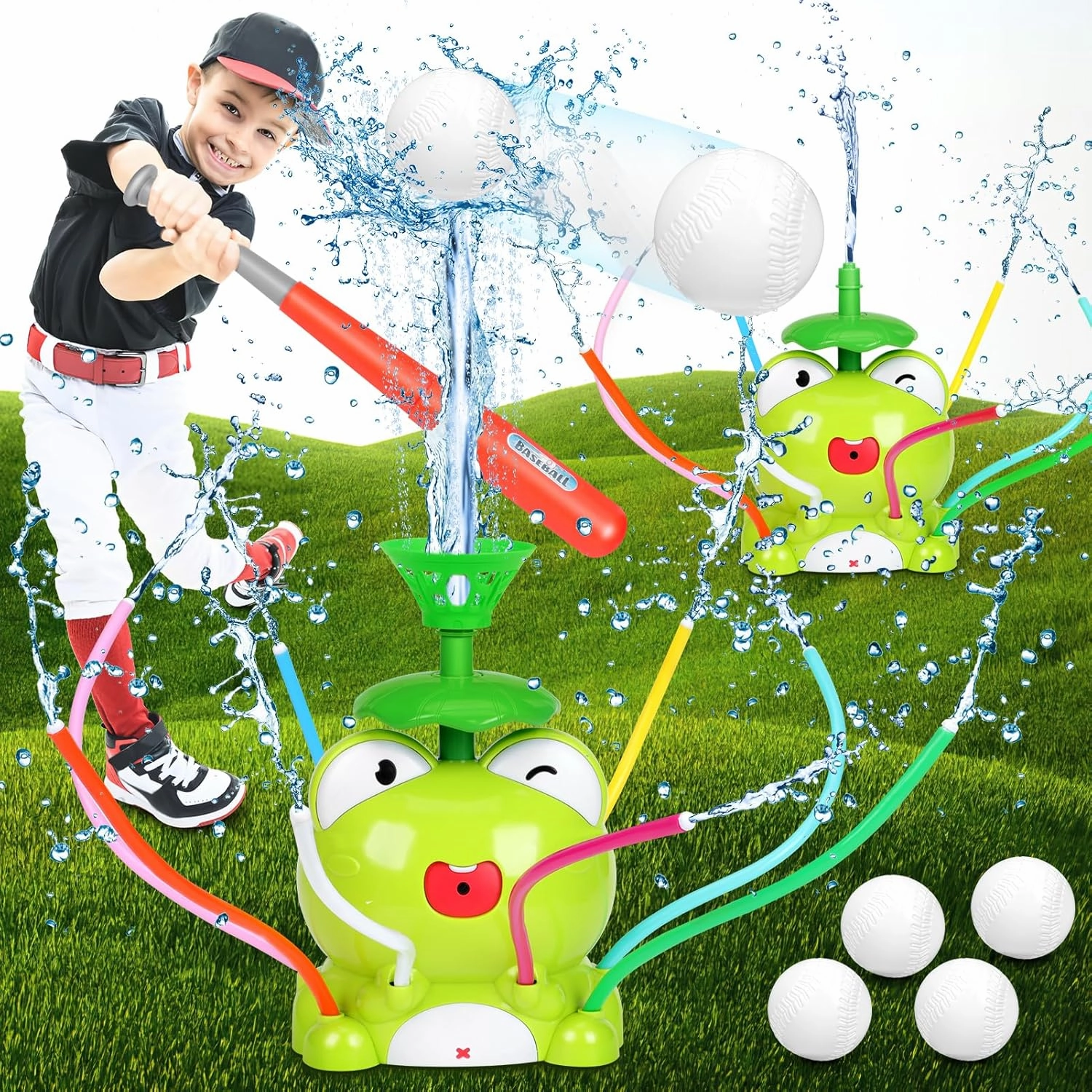 Welltop Water Sprinkler Toys for Kids, Summer Outdoor Water Spray Sprinkler with 8 Wiggle Tubes, 2 in 1 Frog Sprinkler Tee Ball Set for Boys Girls Summer Splashing Fun Backyard Lawn Pool Party Game