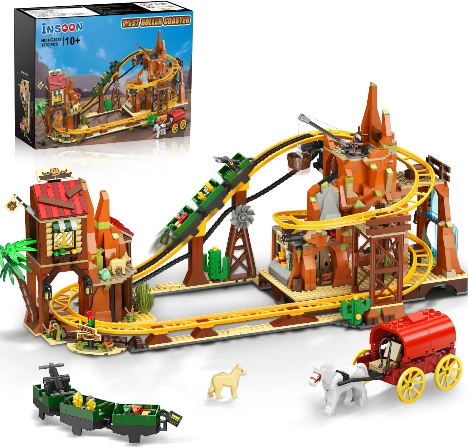 Western Roller Coaster Building Set, Rollercoaster Building Toy with Mine Train, Lifting Chain Drive, Carriage, 1270PCS Mining Coaster Model Playset Gift for Adults Teens Kids Boys Girls 10-12 