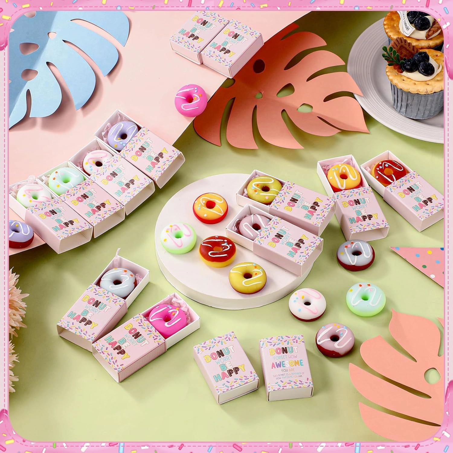 Wettarn 24 Sets Donut Desk Pets Gifts Cute Stress Balls with Support Gift Boxes Inspirational Party Favors for Classroom Students Employee Coworker Friends Office Positive Stress Relief Back to School