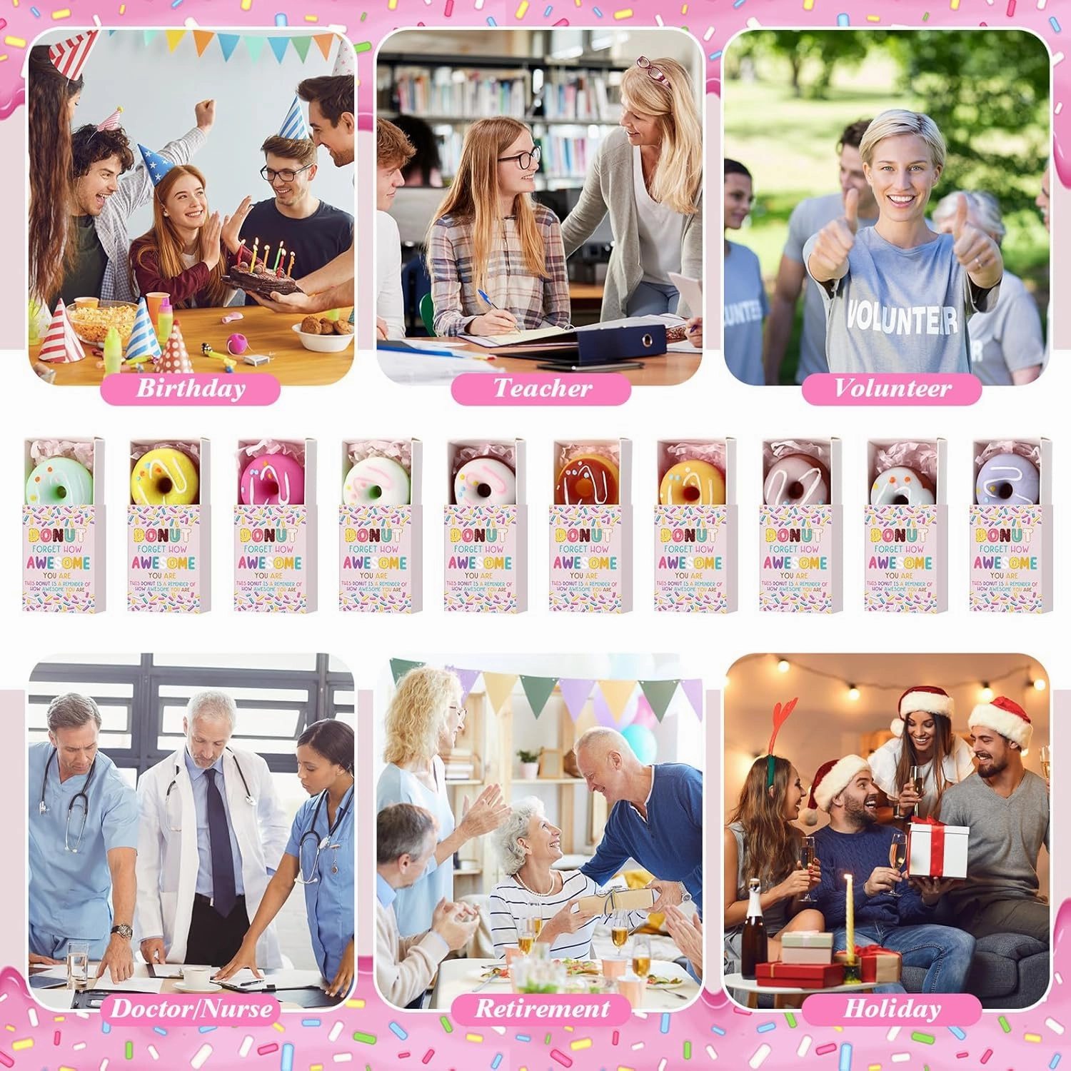 Wettarn 24 Sets Donut Desk Pets Gifts Cute Stress Balls with Support Gift Boxes Inspirational Party Favors for Classroom Students Employee Coworker Friends Office Positive Stress Relief Back to School