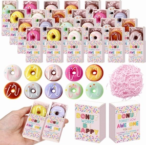 Wettarn 24 Sets Donut Desk Pets Gifts Cute Stress Balls with Support Gift Boxes Inspirational Party Favors for Classroom Students Employee Coworker Friends Office Positive Stress Relief Back to School