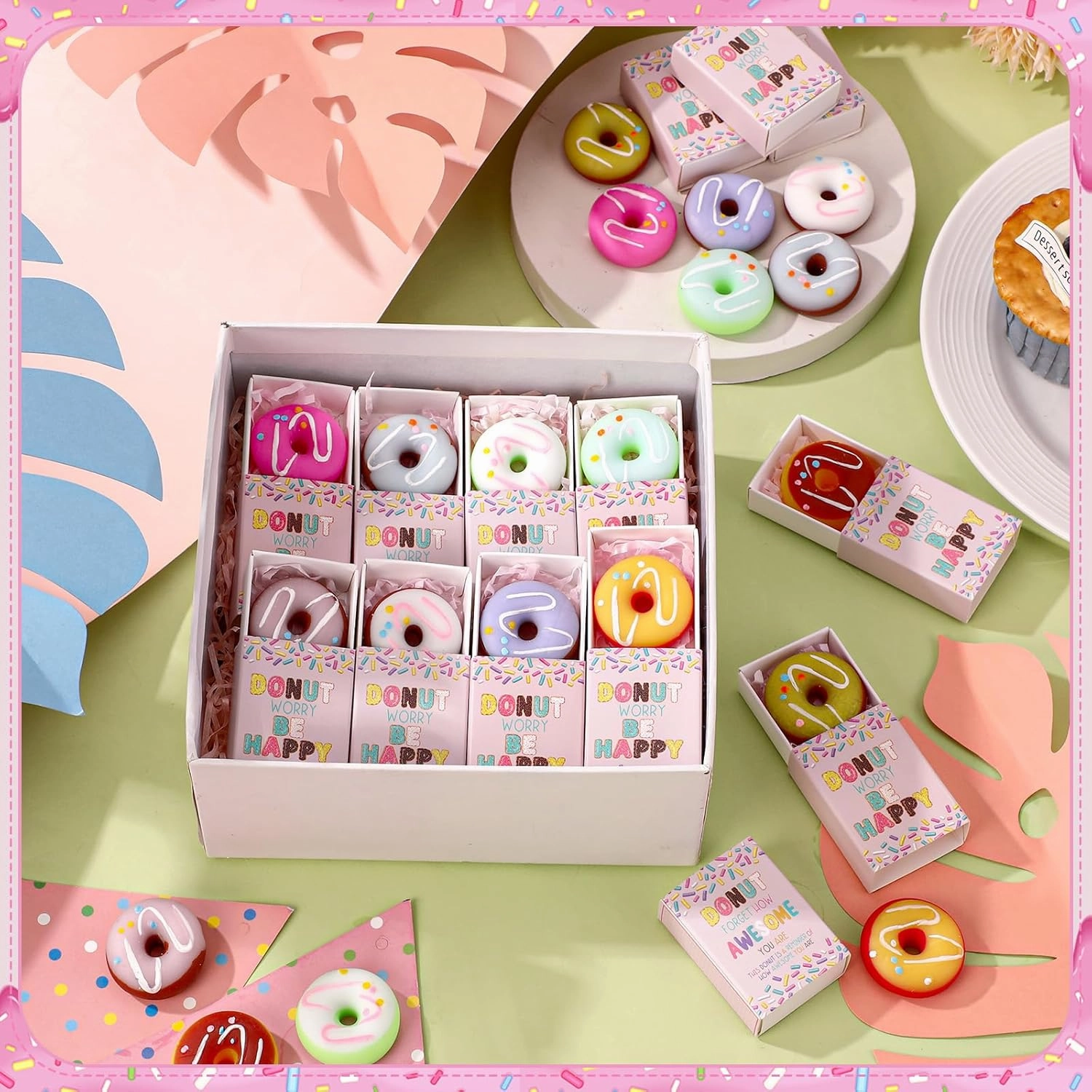 Wettarn 24 Sets Donut Desk Pets Gifts Cute Stress Balls with Support Gift Boxes Inspirational Party Favors for Classroom Students Employee Coworker Friends Office Positive Stress Relief Back to School