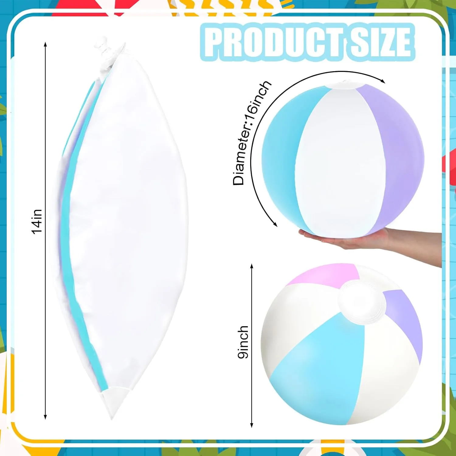 Whaline 16Pcs Mermaid Inflatable Beach Ball 16 Inch Round Pool PVC Balls Cute Game Toys for Summer Hawaiian Tropical Theme Beach Party Decor