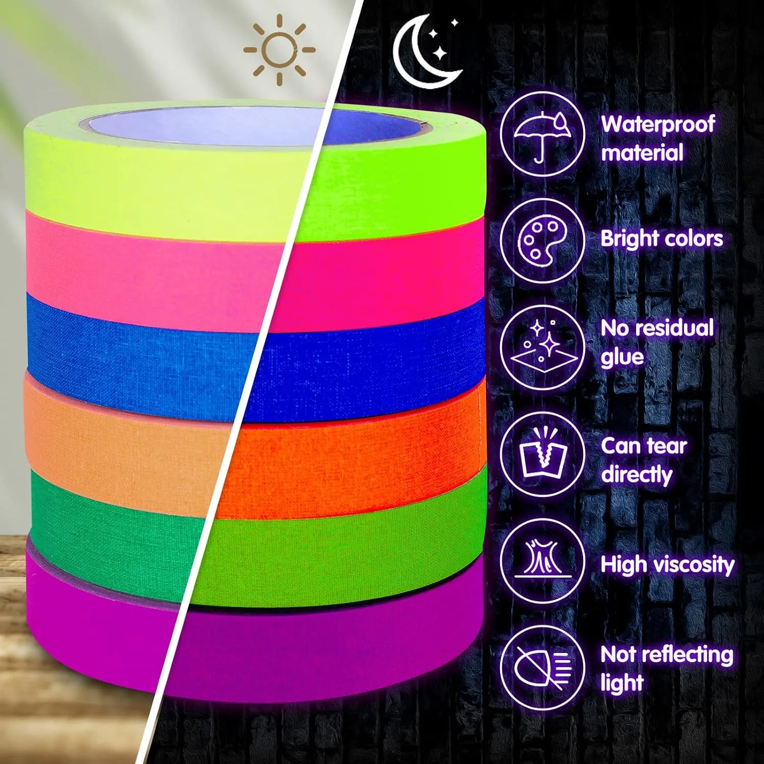 Whaline 6 Colors Neon Gaffer Cloth Tape, Fluorescent Rainbow Color UV Blacklight Glow in The Dark Tape for UV Party (0.6 inch x 35 feet)
