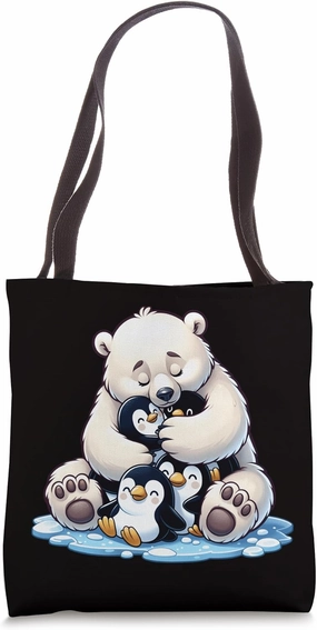 White Bear and Penguin Huddle Arctic Friends Embrace Tote Bag