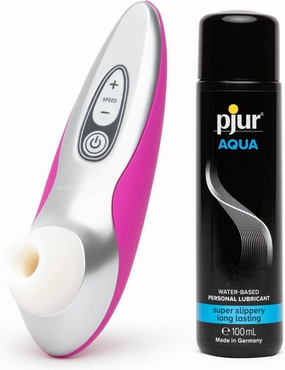 Womanizer Pro40 Magenta Pleasure Air Clitoris Sucker & Pjur Aqua Water Based Personal Lubricant 3.4 fl oz - Female Sex Toys Bundle