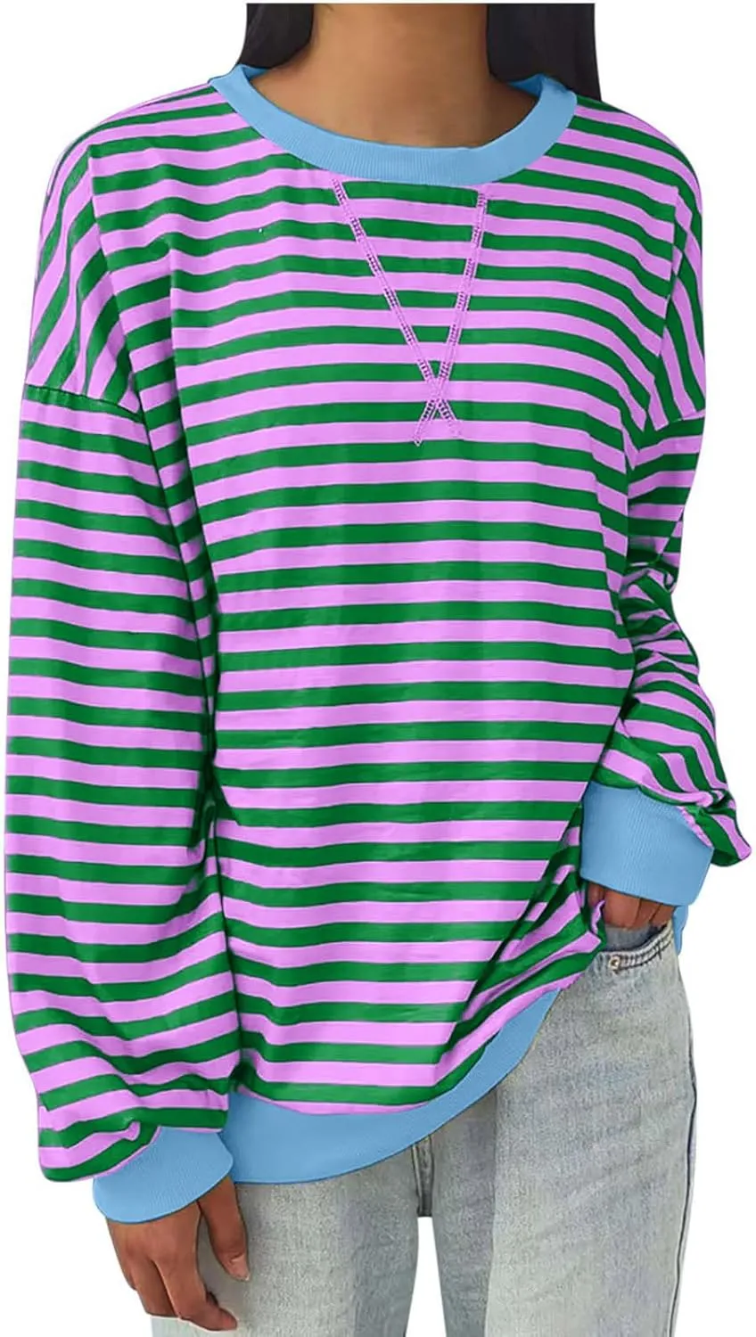 Women Fall Sweatshirts Fashion Striped Print Pullover Long Sleeve Lightweight Loose Casual Sweatshirt